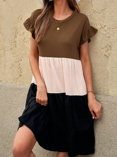 Neutral Color Block Ruffle Dress