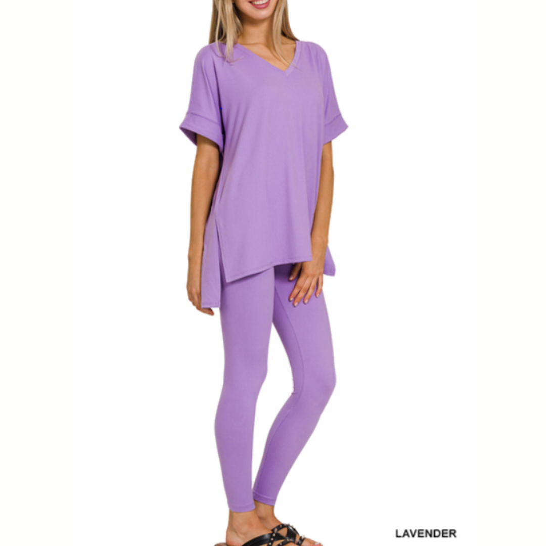 Short Sleeve V-Neck Microfiber Legging Set