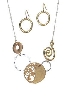 Swirl Multi Disc Linked Metal Filigree Necklace Set