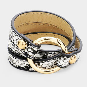 Python Black & White Snake Pattern Leather Hoop Wrap Bracelet