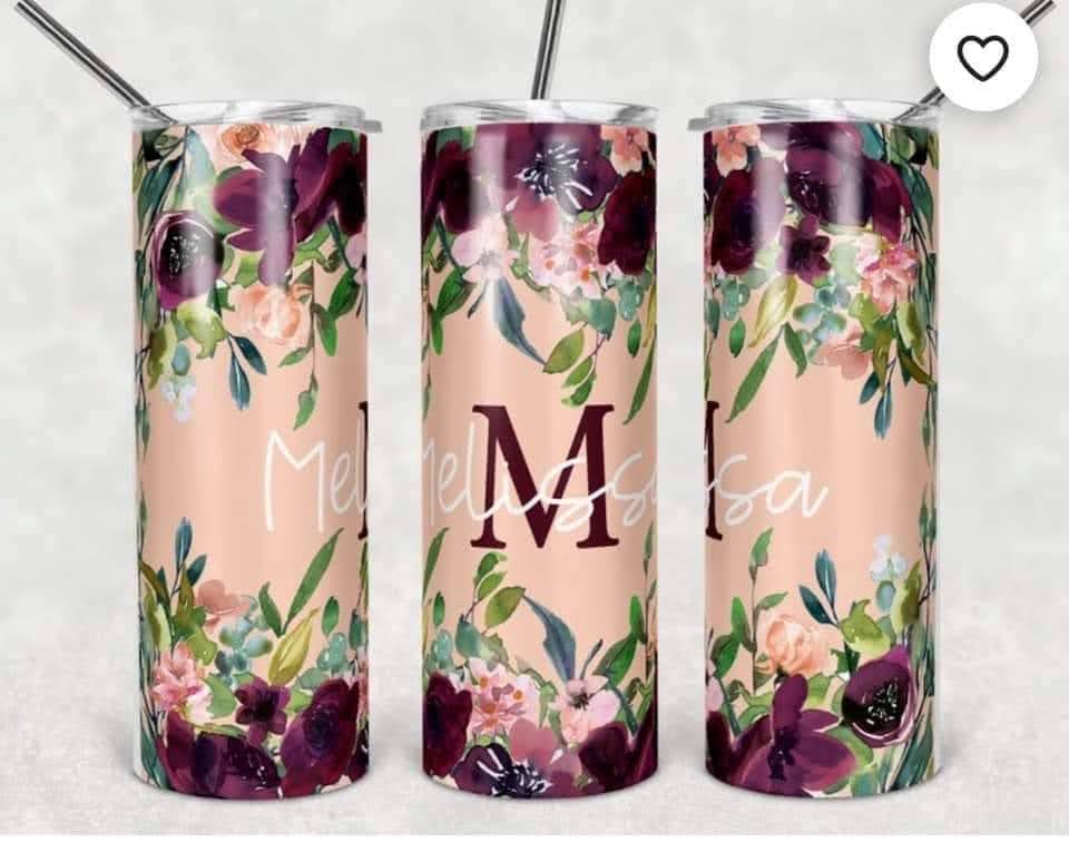 Purple and Pink Initial Floral 20 oz. Tumbler