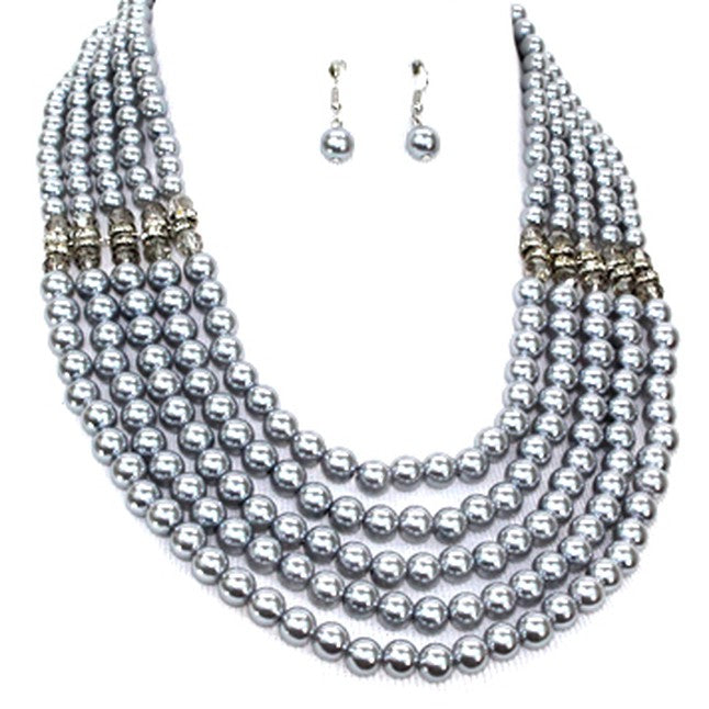 Grey Pearl and Rhinestone Necklace Set