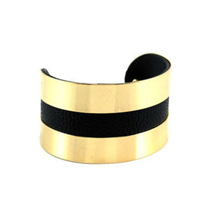 Gold Plated Black Stripe Center Open Cuff Bracelet